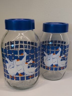 Vintage Carlton Glass Country Geese Canister Set Blue Check 3L & 2.5L